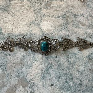 Egyptian Revival Scarab Turquoise Silver Bracelet